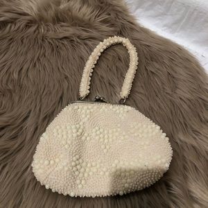 Vintage beaded shoulder bag, cream, EUC